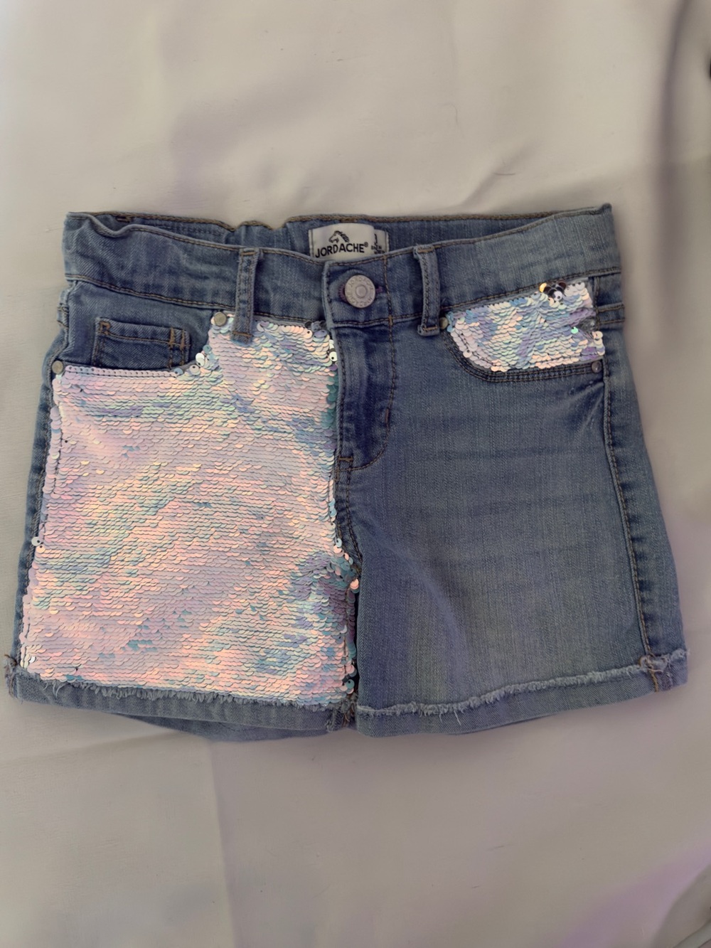 JORDACHE Denim Shorts with Iridescent Sequin Pocket Flip Distressed Jean Girls 8